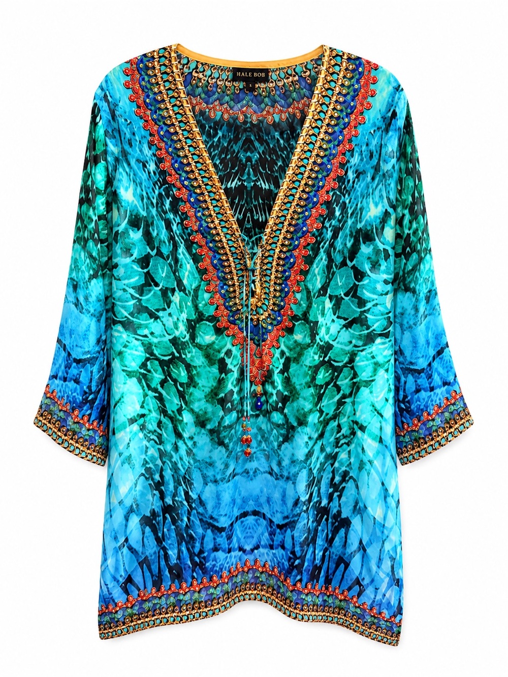 HALE BOB Vibrant Turquoise Tunic / Swimsuit Coverup Embellished Rhinestones